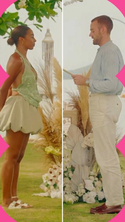 Composite image of Hannah and Sam on a tropical beach. Sam is reading from a piece of paper 