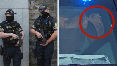 Composite image of officers outside court and Kinahan in the back of a police car in Dublin.