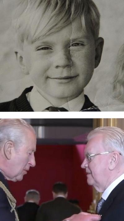 Jeff Edwards as a boy and receiving his OBE from the King