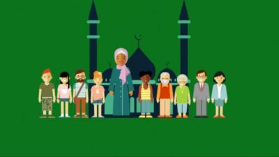 Cartoon showing characters in front of a mosque