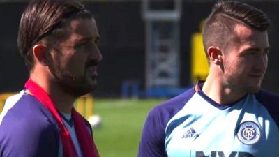 New York City's David Villa and Jack Harrison