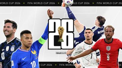 World Cup players Messi, Neymar, Ronaldo, McTominay, Kane, with text reading 26 and the World Cup trophy in the middle