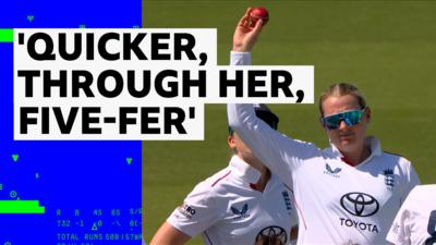 Sophie Ecclestone holding the ball after getting five wickets
