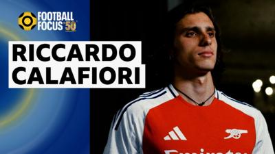 Riccardo Calafiori in his Arsenal home shirt