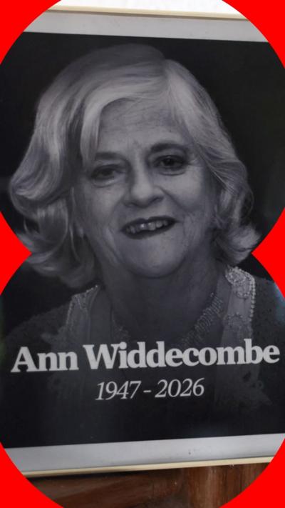 Black and white image Ann Widdecombe with the year of her birth day death on it. 1947 to 2026
