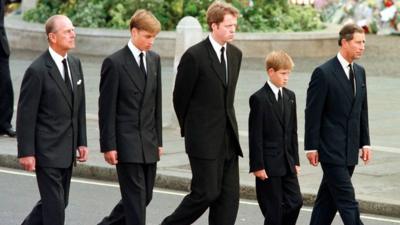 Royals walking in Princess Diana funeral procession