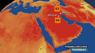 BBC Weather map with red colours over the Middle East showing extreme heat in the area. Highs recorded on Thursday 21st July 2016 were 54C in Mitribah and 53C in Basra.