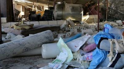 Debris inside a hospital supported by MSF in Syria