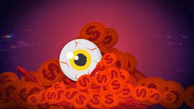 Illustration of an eyeball in a pile of coins with dollar signs on them