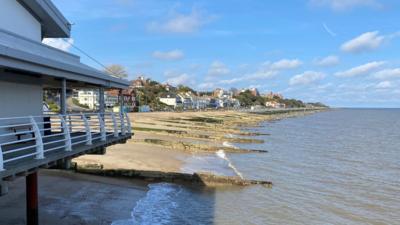 Mainly blue skies over the beach at Felixstowe, Suffolk. 