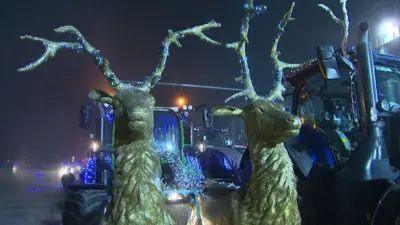Two gold reindeer figures attached to a tractor as part of a Christmas display