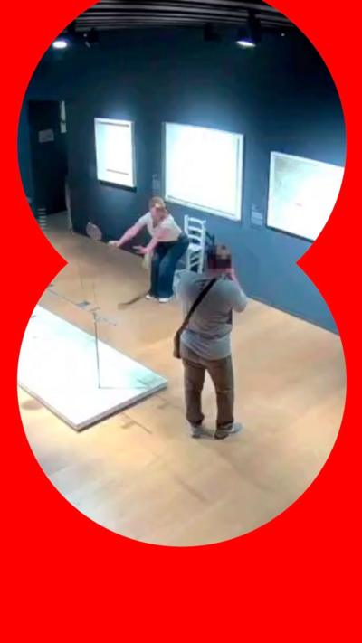 Visitors sit on artwork chair in Italian museum