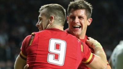 Gareth Davies and Lloyd Williams celebrate at Twickenham