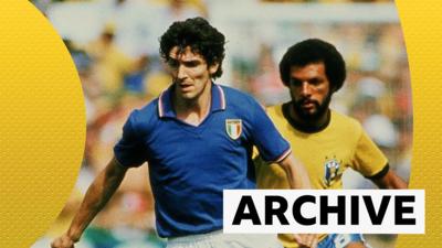 Paolo Rossi of Italy competes for the ball with Leovegildo Lins da Gama Júnior of Brazil