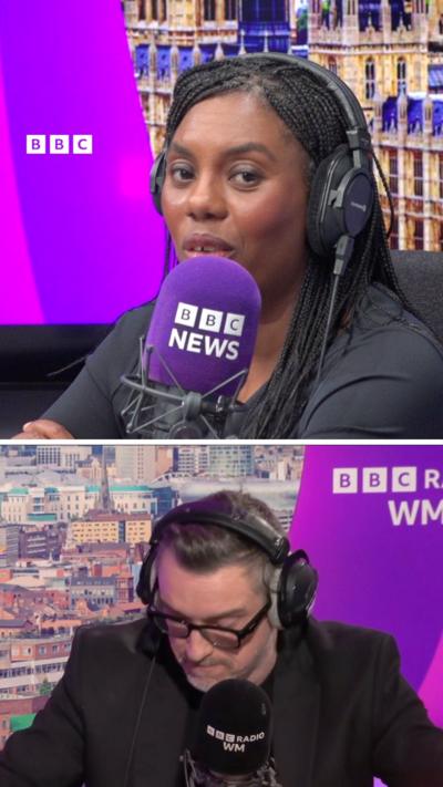 Composite vertical photo. On top a black woman with long black hair talking into a purple microphone. Below, a man with grey jacket and glasses in a radio studio