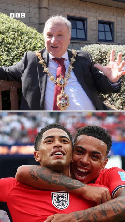 A split screen image. Above is a man in grey suit with white shirt and red tie wearing a mayoral chain. Below are two black footballers celebrating a goal in red England shirts