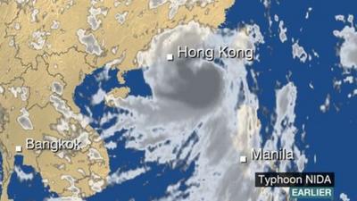 BBC Weather satellite of Typhoon Nida as it approaches Hong Kong