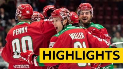 Cardiff Devils players celebrate a goal against Zemgale Jelgava