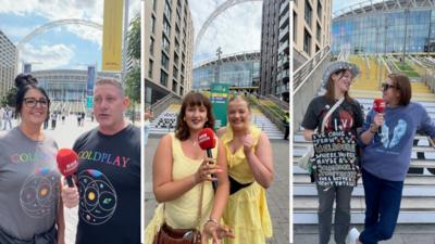 Three vertical images of fans being interviewed at Wembley Stadium. On the left, there is a couple with a dark brown-haired woman wearing glasses and smiling, and a grey-haired man who is speaking and holding a red microphone. They are both wearing Coldplay T-shirts and are stood in front of Wembley Stadium. In the middle, there are two girls dressed in light yellow dresses; the one on the left has brown hair and is speaking into the microphone, and the one on the right is smiling and clenching her fist. On the right, two women are stood at the bottom of a set of stairs decorated in yellow. The woman on the left is wearing a grey T-shirt with 'VIVA' written on it, and is wearing a cowboy hat and holding a sign reading "I've come from Melbourne where you fell. Maybe a songbook tonight for a better story to tell!" She is looking at the woman on her right, who is leaning on a railing and is wearing a dark blue jumper with a pair of angel wings on it. She is holding the microphone and looking at the other woman.