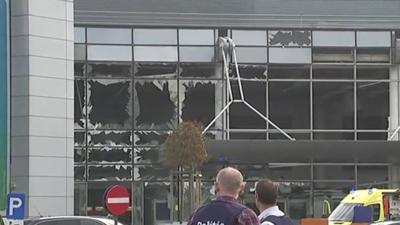 Airport building with broken windows