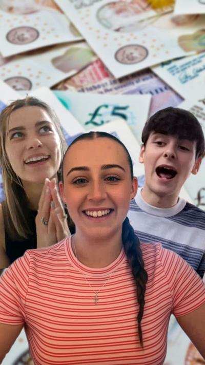 Three young people, two women and a man, smiling and super imposed in front of an image of banknotes