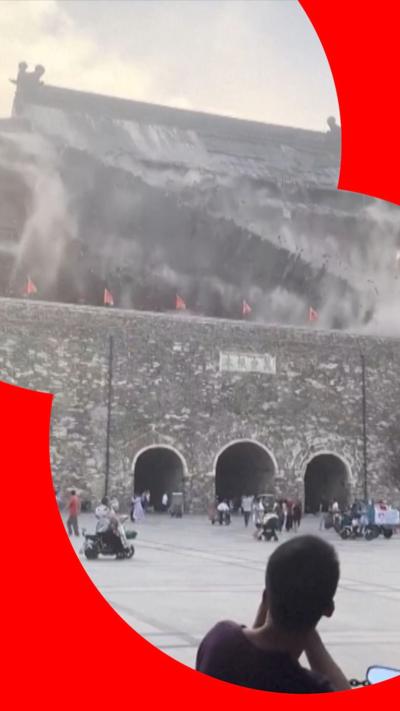 Roof of historic tower collapsing in China