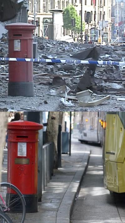 Split image: bomb-damaged street with debris and police tape above; intact street with red postbox and tram below.