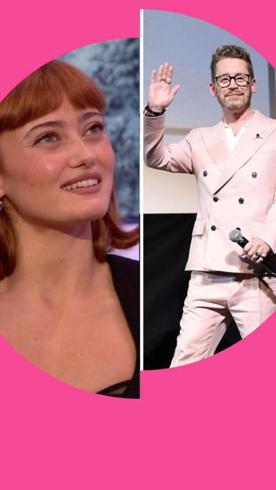 Split screen of Emma Purnell left, in the studio, and Macaulay Culkin in a pale pink suit, right.