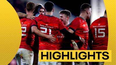 Munster players celebrate victory at Kingspan Stadium