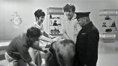 Blue Peter presenters John Noakes, Valerie Singleton and Peter Purves with Lulu the elephant and her zookeeper.