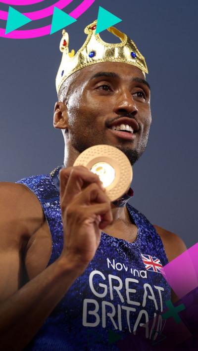 Matt Hudson-Smith wearing a crown while holding his gold medal