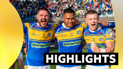 Leeds' James Bentley, Sam Lisone & Harry Newman celebrate victory over Warrington.