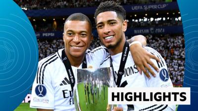 Kylian Mbappe and Jude Bellingham with the Uefa Super Cup