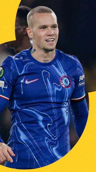 Chelsea winger Mykhailo Mudryk smiling. He is wearing a blue Chelsea home kit.