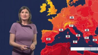 Helen Willetts stands in front of a weather map of Europe showing high temperatures