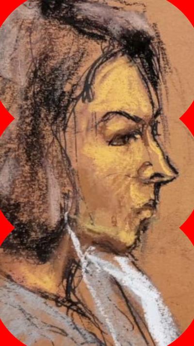 An court sketch of Ghislaine Maxwell - she is shown from the side and she has a serious, stern expression on her face 