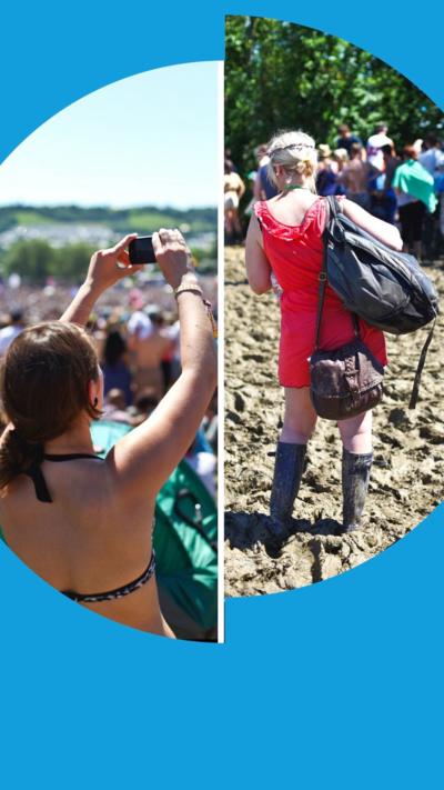 Splitscreen of sunny and muddy weather at Glastonbury