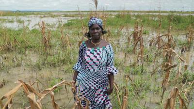 A famer standing in the middle of the flooded farm