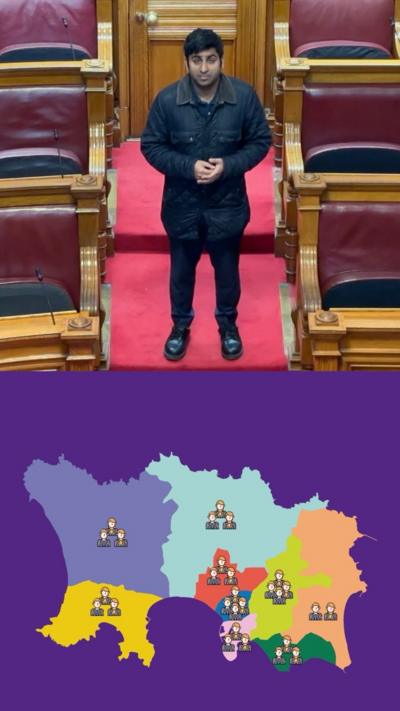 A split image showing a BBC journalist on the top half of the screen and an electoral map of Jersey below