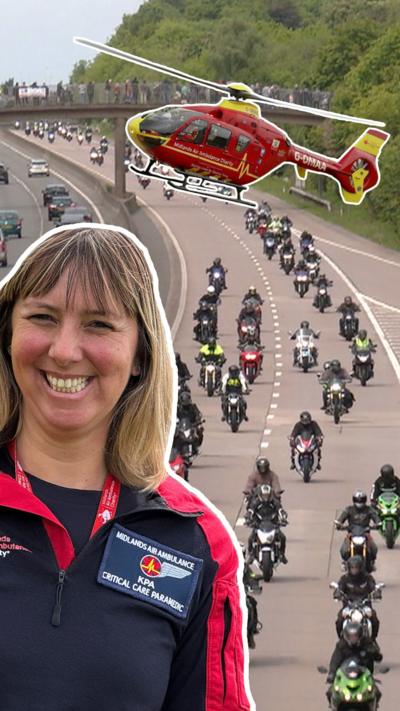 Composite image of an air ambulance, a woman in a blue and red top and a procession of motorbikes on a motorway