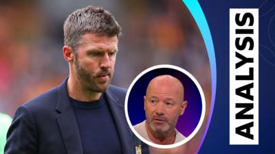 Michael Carrick looks disappointed and Alan Shearer is talking on Match of the Day