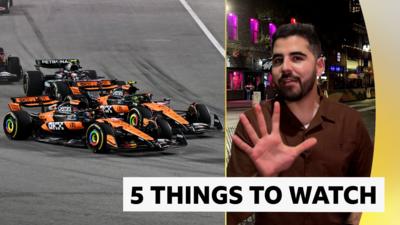 A split image of 5 Live Formula 1 commentator Harry Benjamin and McLaren drivers Oscar Piastri and Lando Norris