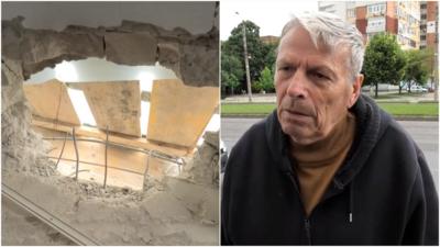 Composite image showing on the left damage and debris, and on the right, a man with white hair wearing a brown top