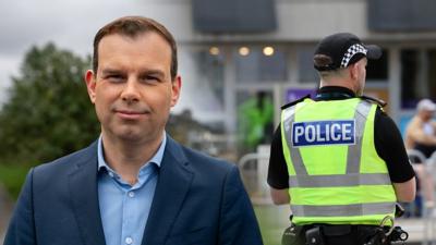 Composite image showing the BBC's James Cook and a police officer