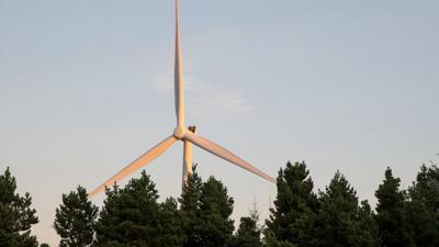 A wind turbine in the Rhigos Mountains