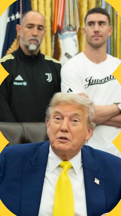 Donald Trump, wearing a yellow tie, with Juventus players behind him in the Oval Office.