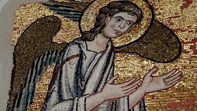 Mosaic of angel uncovered by Italian restoration workers at the Church of the Nativity