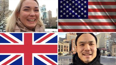 Composite image shows US and UK flags with people in New York explaining election terms