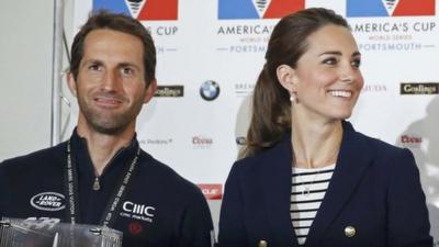 Sir Ben Ainslie with the Duchess of Cambridge after winning the British leg of the America's Cup World Series