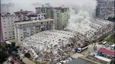 Drone shot of collapsed building in Hatay province, Turkey